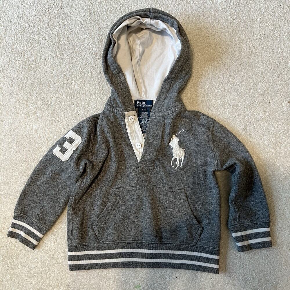 Polo Ralph Lauren Hoodie Shirt Gray 3T Big Pony Patch Pullover Sweatshirt Kids